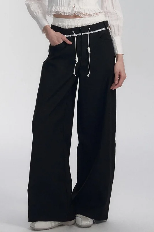 Drawstring Black Wide-Leg Pants Elegant High-Waist Pants