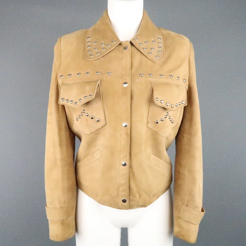 Vintage I.MAGNIN Size 12 Tan Studded Suede Cropped Snap Jacket Insulated Jacket Fitted Jacket Loose Jacket Vintage I.MAGNIN Size 12 Tan Studded Suede Cropped Snap Jacket Insulated Jacket Fitted Jacket Loose Jacket