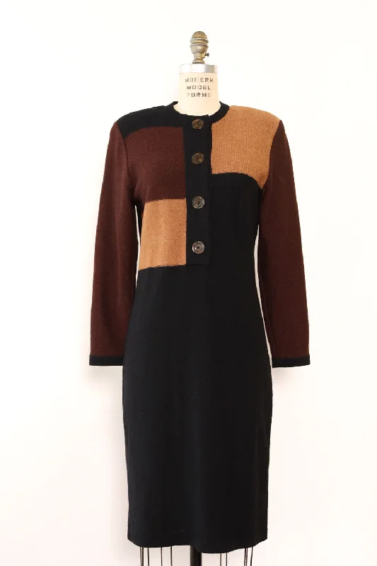 Brown Blocked Sweater Dress M-M/L Fleece Sweater Nylon Polyester