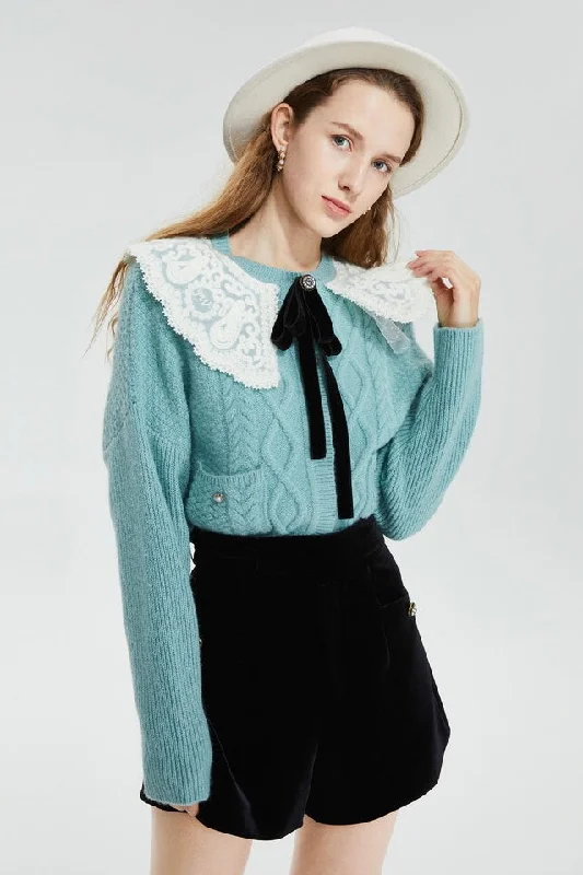 Wool Sweater W/ Crochet Collar Chenille Fabric Brocade Fabric Lace Fabric
