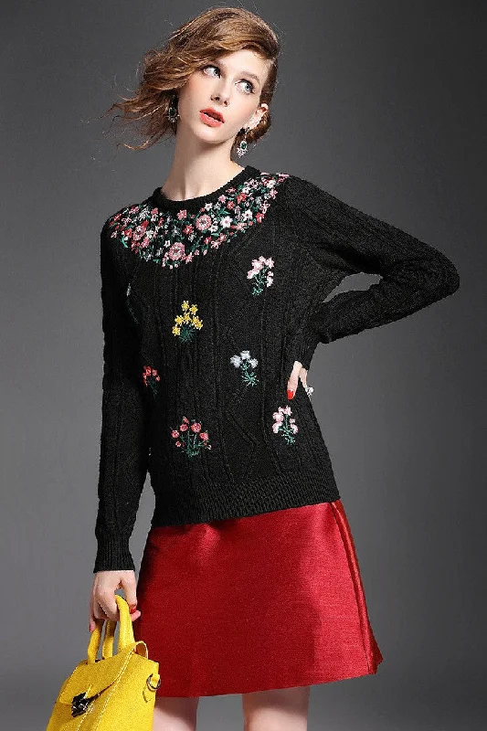 Floral Wool Sweater Real Fur Shearling Chenille
