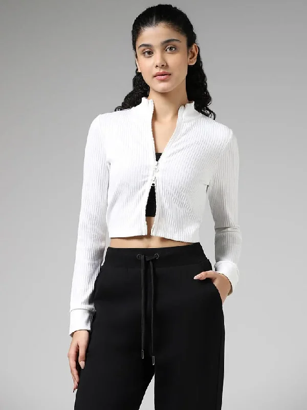 Studiofit White Ribbed Jacket Tiered Jacket Buttoned Jacket Zippered Jacket