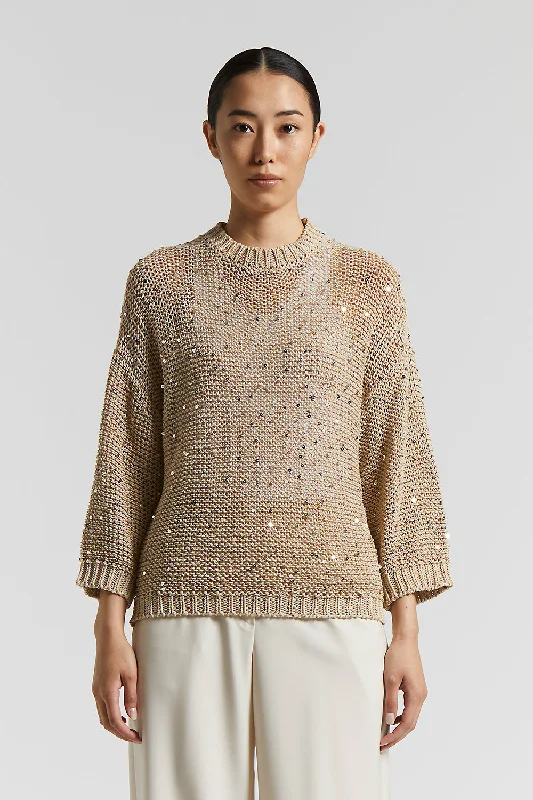 Cotton ribbon sweater with sequins Handmade Hand-knitted Hand-woven