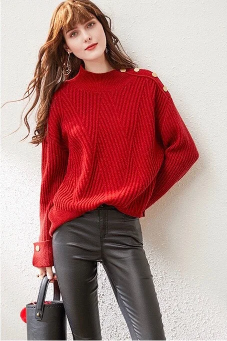 Red Wool Sweater W/ Gold Buttons Velvet Chenille Corduroy