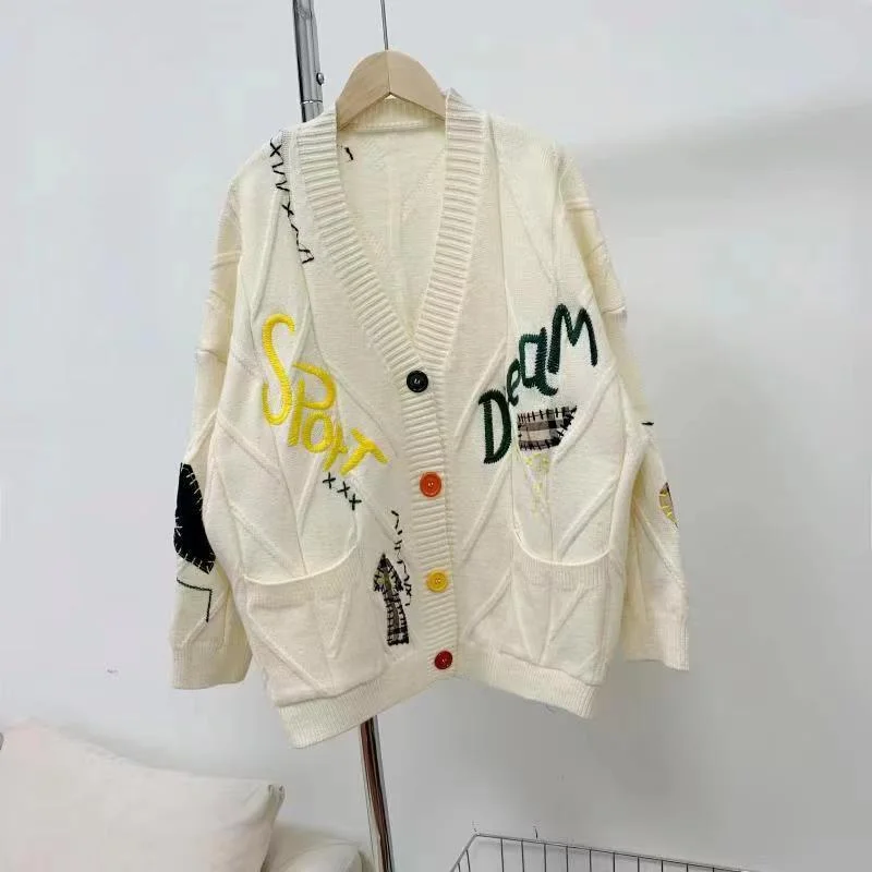Women Fashion Loose Multicolor Embroidered V-Neck Sweater Coat Ribbed Striped Patterned Women Fashion Loose Multicolor Embroidered V-Neck Sweater Coat Ribbed Striped Patterned