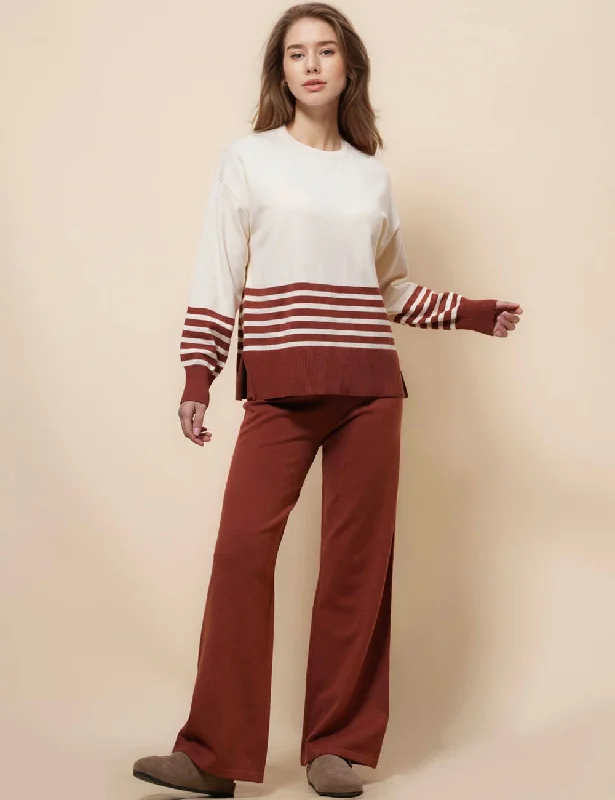 Ladies Stripe Color Block Sweater Pants 2PCS Set SKST41247 Real Fur Shearling Chenille