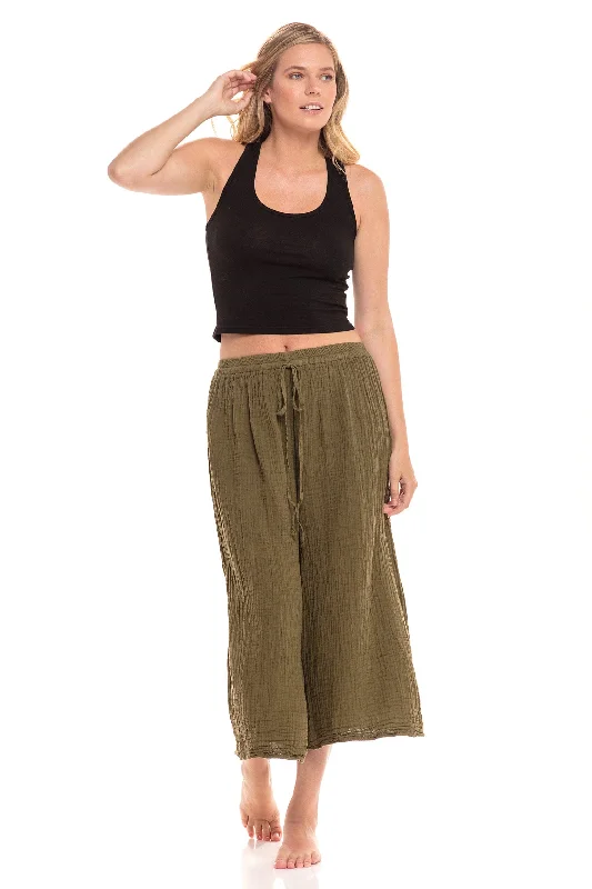 Thai Cotton Drawstring Flood Pants - Olive Casual Lounge Pants