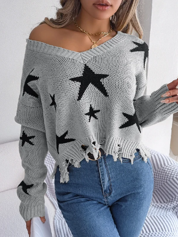 Women Fashion Casual V-Neck Star Hole Long Sleeve Knitted Sweater Collared Crew Neck Turtle Neck