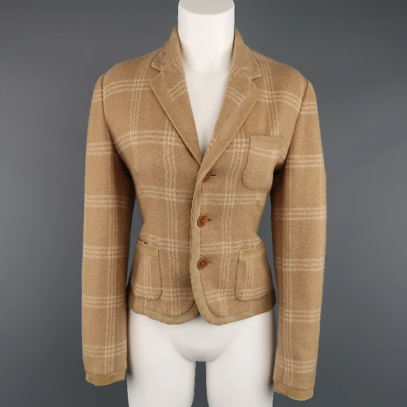RALPH LAUREN Size 8 Plaid Camel Wool Suede Trim Jacket Print Jacket Jacquard Jacket Patchwork Jacket RALPH LAUREN Size 8 Plaid Camel Wool Suede Trim Jacket Print Jacket Jacquard Jacket Patchwork Jacket