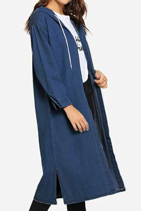BUTTON CLOSURE HOODED LONG DENIM JACKET Knit Jacket Woven Jacket Fleece Jacket