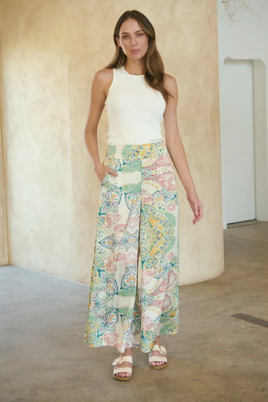 Aelia Cream/Multi Paisley Print Satin Pant Slim-Fit Khaki Pants