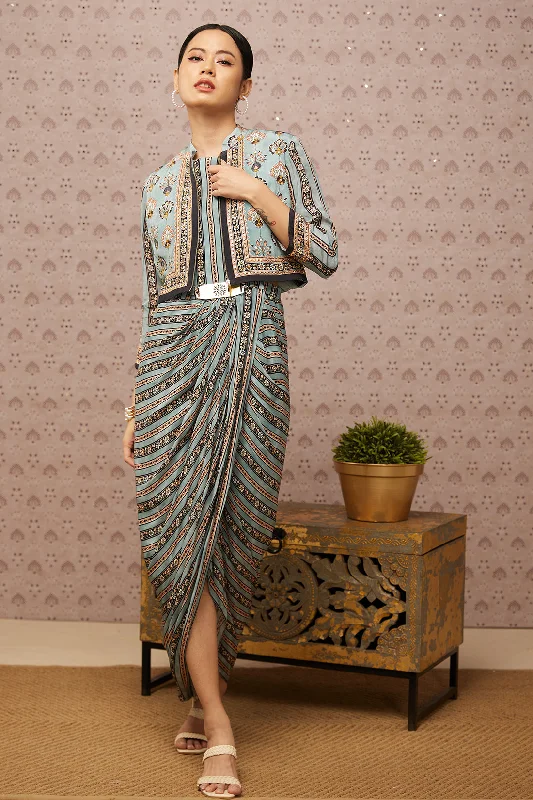Blue Sarouk Printed Drape Dress With Jacket Knit Jacket Woven Jacket Fleece Jacket
