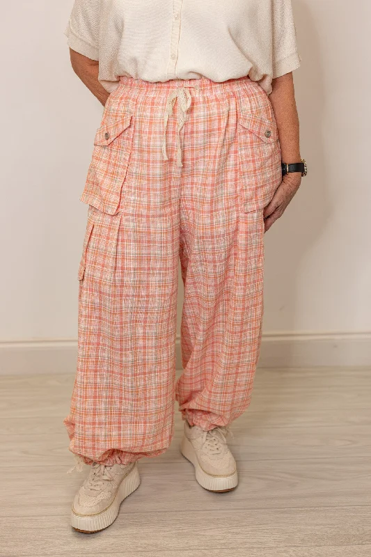 Plaid Peach Jogger Balloon Pants Cozy Knit Pants