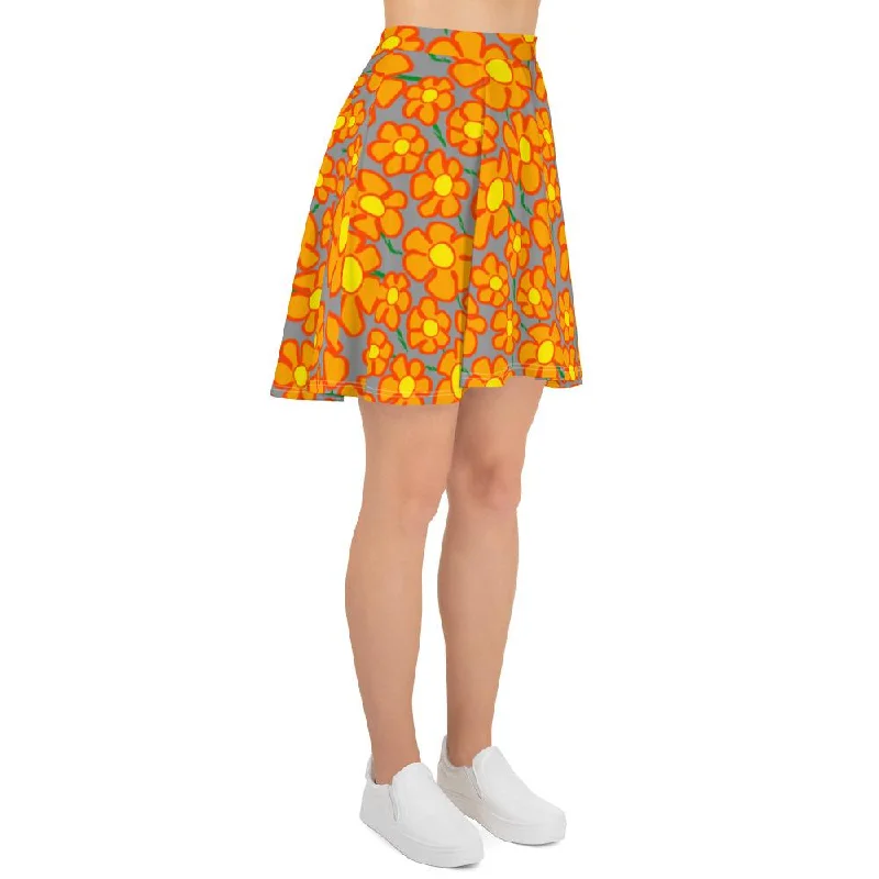 Orangeflower Pattern on Med Gray - AOP Skater Skirt denim skirt fashionable