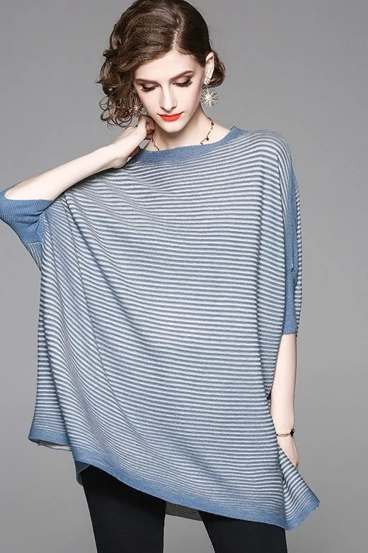 Striped Dolman Sleeve Wool Sweater Collared Crew Neck Turtle Neck