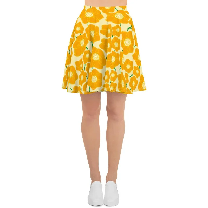 Hippy Orangeflower Pattern on Yellow - AOP Skater Skirt lace skirt intricate