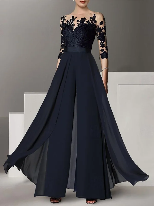 A-Line/Princess Jewel Neck 3/4 Length Sleeves Floor-Length Mother of the Bride Pantsuits with Applique High-Waist Jogger Pants