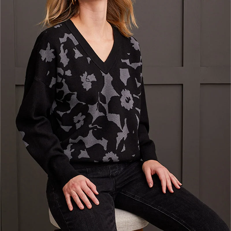 V-Neck Jacquard Grey Sweater Solid Print Embellished