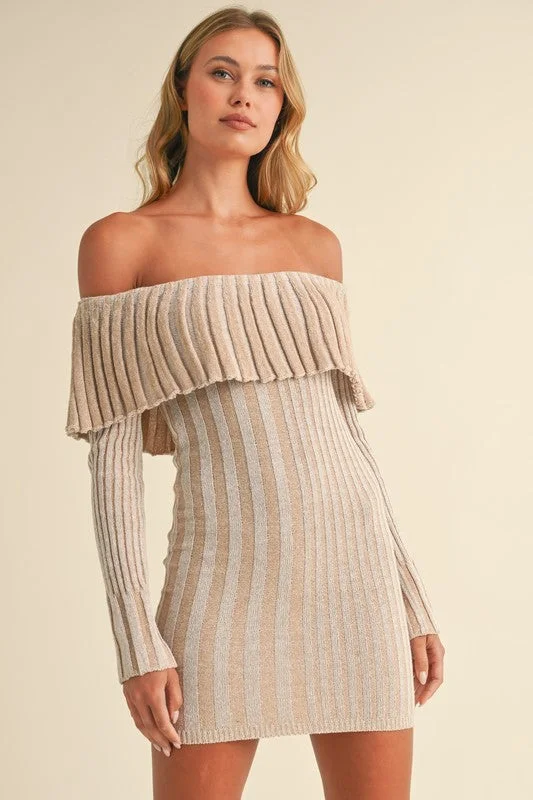 Off Shoulder Long Sleeve Mini Sweater Dress Neon Metallic Matte