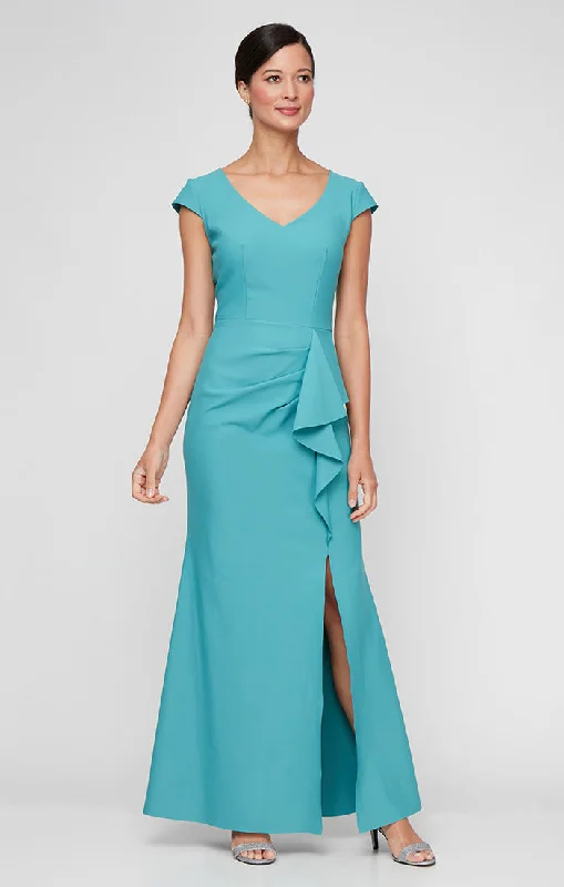 Compression V-Neck Gown with Cap Sleeves & Cascade Ruffle Skirt denim skirt casual