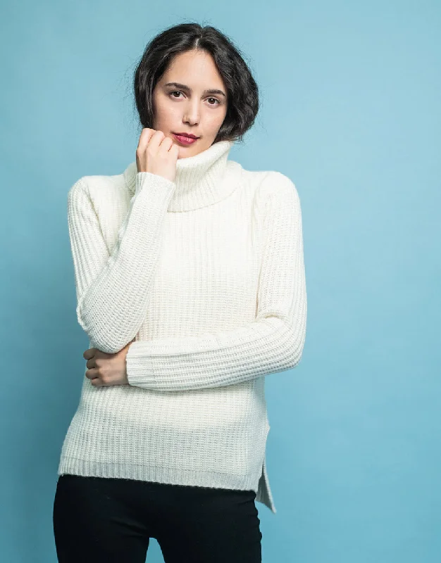 Rib Knit Turtleneck Sweater in Ivory Iron Safe Non-Iron Wrinkle Free