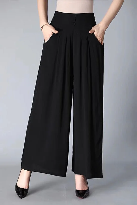 Black Wide Leg Pants W/ Pockets Chic Wool Trousers