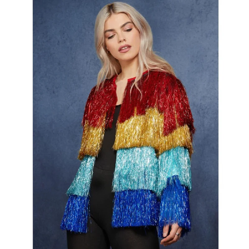 Festival Fringed Tinsel Jacket - Multi Coloured - One Size Zippered Front Buttoned Front Snap Front Festival Fringed Tinsel Jacket - Multi Coloured - One Size Zippered Front Buttoned Front Snap Front