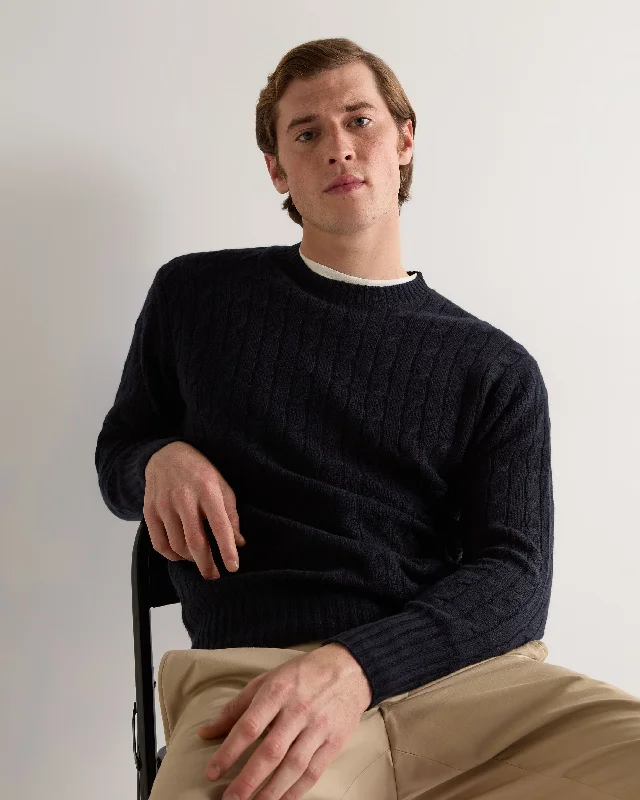 Men's Thames Cable Round Neck Cashmere Sweater Navy Blue Silk Blend Satin Velvet