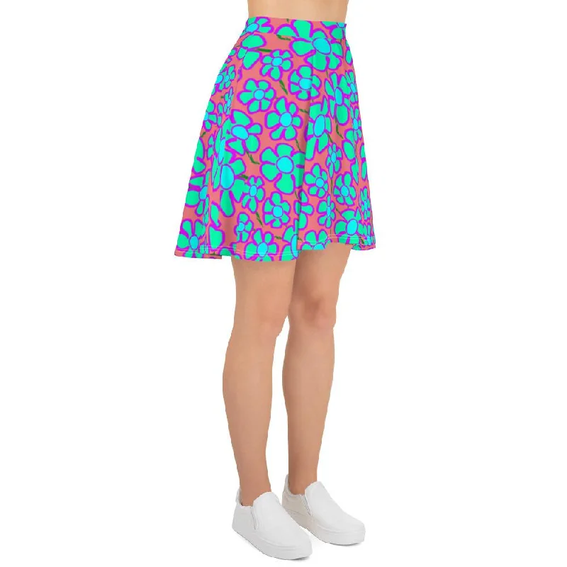 Greenflower Pattern on Pink - AOP Skater Skirt linen skirt natural