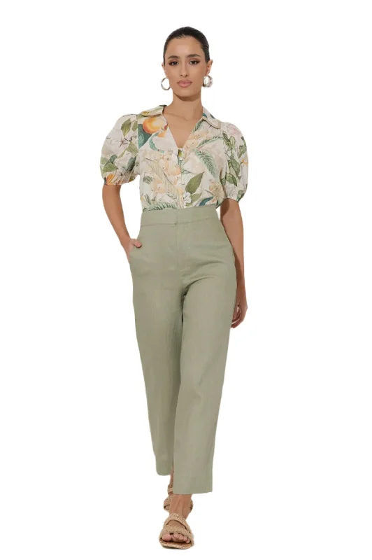 Nisha Cropped Linen Pant Sage Green Stylish Slim Trousers