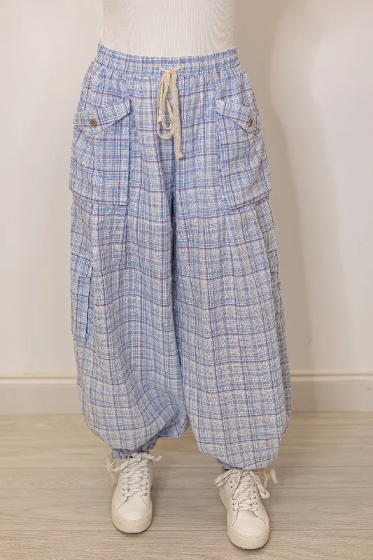 Plaid Blue Jogger Balloon Pants Trendy Printed Pants