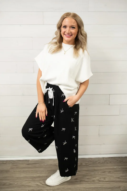 Umgee Bow Embroidery Pull On Pants-Black Trendy Work Pants
