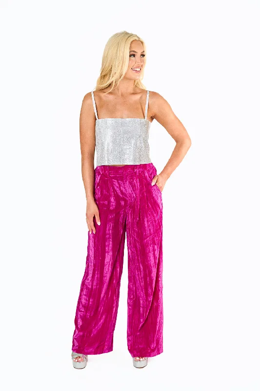 Sondra High-Waisted Velvet Pants - Fuchsia Fashionable Sporty Pants
