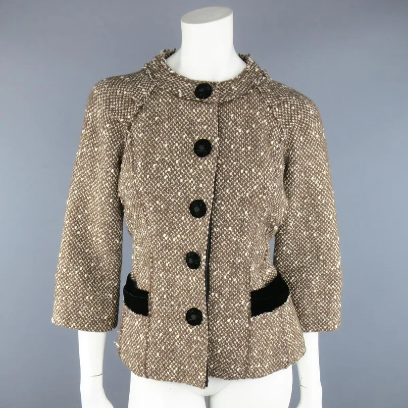 MARC JACOBS Size 4 Light Brown & Cream Wool Tweed & Black Velvet Jacket Ribbed Jacket Pleated Jacket Ruffled Jacket MARC JACOBS Size 4 Light Brown & Cream Wool Tweed & Black Velvet Jacket Ribbed Jacket Pleated Jacket Ruffled Jacket