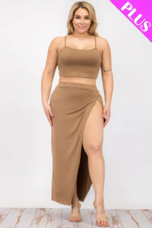 Plus Size Crop Cami & Split Thigh Maxi Skirt Set high slit skirt