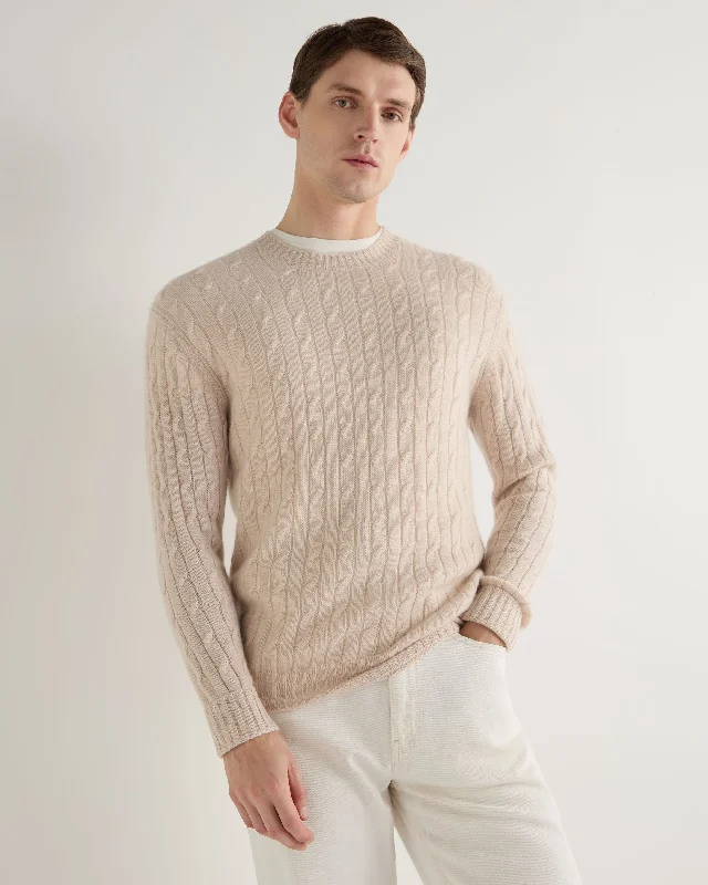 Men's Thames Cable Round Neck Cashmere Sweater Ecru White Solid Color Striped Floral Print Men's Thames Cable Round Neck Cashmere Sweater Ecru White Solid Color Striped Floral Print