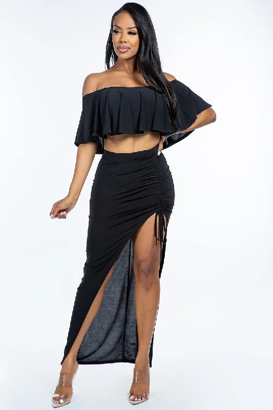 Solid Ity Off The Shoulder Ruffled Cropped Top And Ruched Maxi Skirt Set - 2 colors - Ships from The US ruffled skirt detail Solid Ity Off The Shoulder Ruffled Cropped Top And Ruched Maxi Skirt Set - 2 colors - Ships from The US ruffled skirt detail