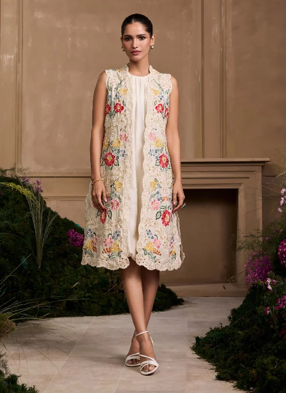 Ivory bubble hem gathered dress and jacket Boat Neck Shawl Collar Notched Collar
