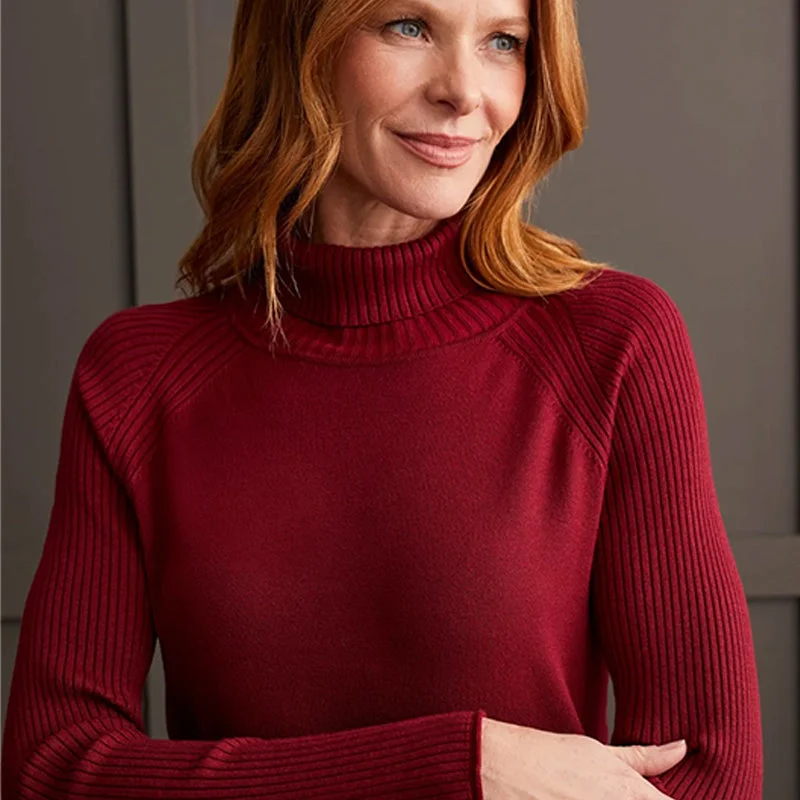 Long Sleeve Bordeaux Turtle Neck Sweater Wool Fabric Cashmere Fabric Tweed Fabric