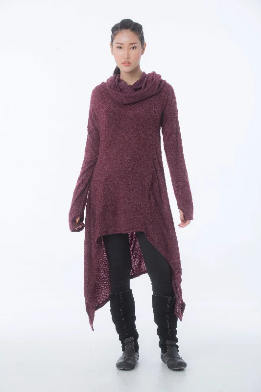 Ultra Long Hooded Sweater in Maroon Iron Safe Non-Iron Wrinkle Free