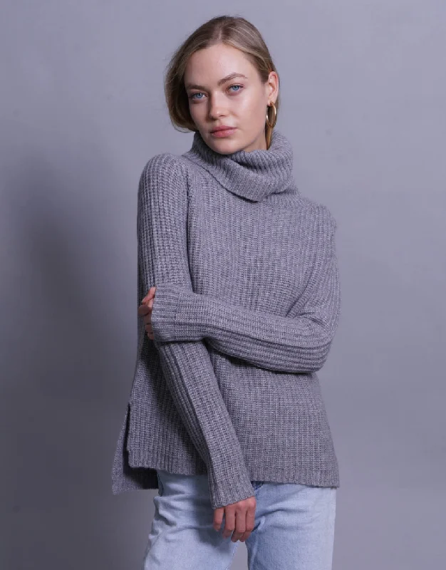 Rib Knit Turtleneck Sweater in Grey Marl Machine Wash Dry Clean Hand Wash
