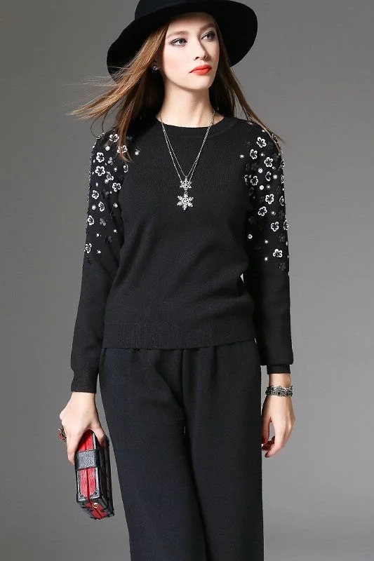 Black Sweater W/ 3D Flowers Mesh Blend Leather Blend Suede Blend
