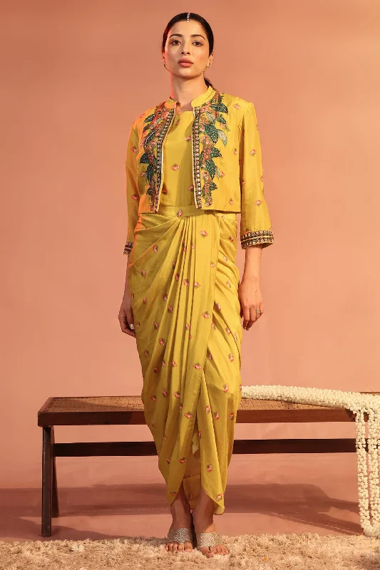 Yellow tamaya embroidered drape dress with jacket Cotton Jacket Linen Jacket Terry Jacket