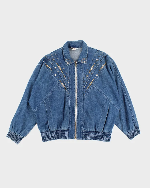 Vintage 80's Rhinestone Denim Zip Up Jacket - L Knit Fabric Woven Fabric Fleece Fabric