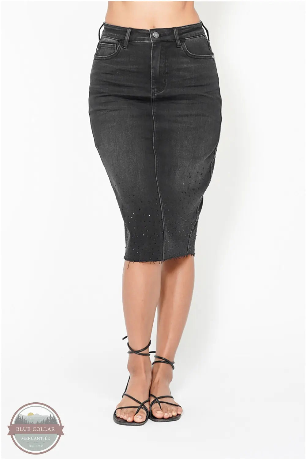 2838REG High Waist Rhinestone Embellished Mid Length Skirt leather skirt sleek