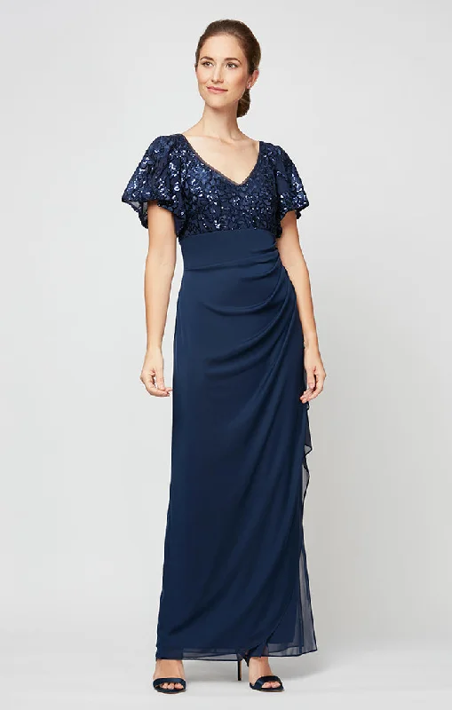 Empire Waist Mesh with Embroidered Sequin Bodice, Flutter Sleeves and Cascade Detail Skirt cashmere skirt fine