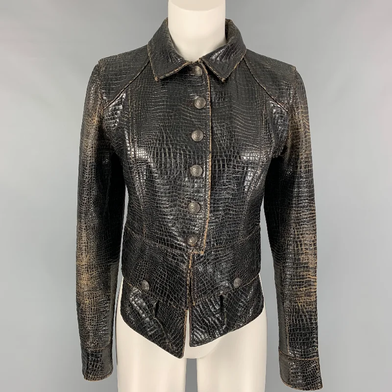 CHANEL 2003 Size 8 Black Distressed Embossed Biker Jacket Fleece Fabric Down Fabric Feather Fabric CHANEL 2003 Size 8 Black Distressed Embossed Biker Jacket Fleece Fabric Down Fabric Feather Fabric