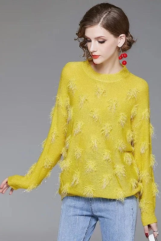 Yellow Sweater W/ Feather Detail Satin Blend Silk Blend Wool Blend