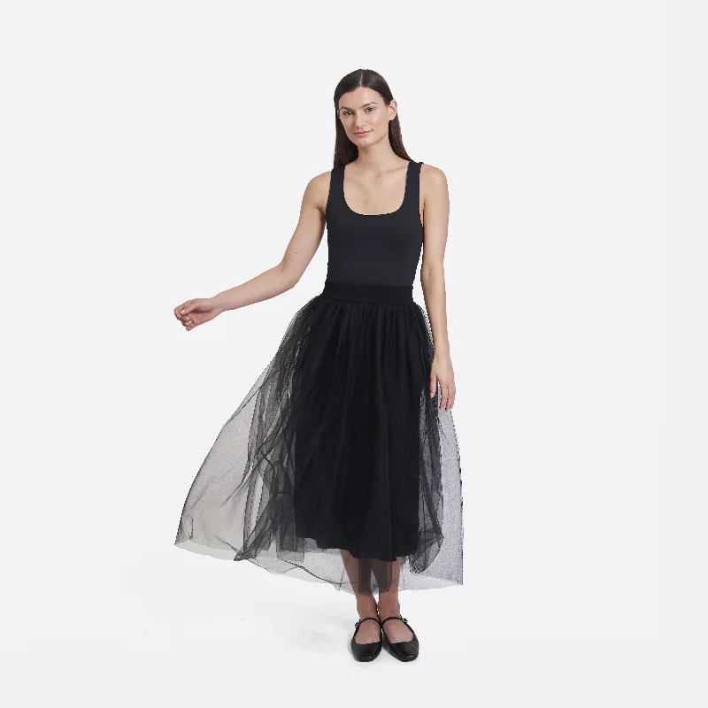 Gathered Skirt w/ Tulle in Black wool skirt breathable