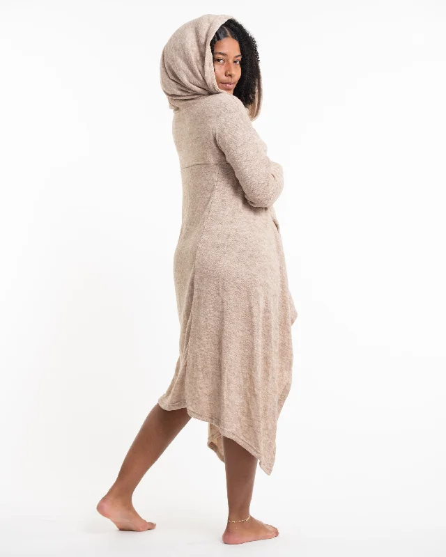 Ultra Long Hooded Sweater in Cream Seamless Knitted Crochet